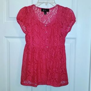 BCX Girl Large 14 Pink Fuschia Lace Short Sleeve Top